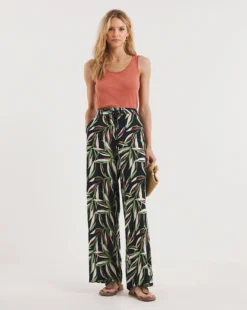 Leaf Print Pull On Wide Leg Trousers
