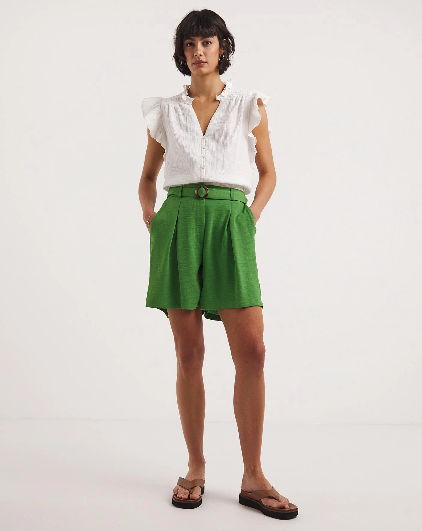 Apple Green Textured Belted City Shorts 1 Apple Green Textured Belted City Shorts