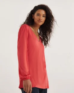 Coral V-Neck Long Blousin Sleeve Tea Top -Cheap Vextalia Store y01qb425738w