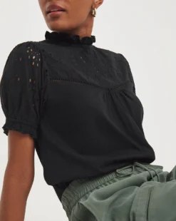 Broderie Yoke And Sleeve Detail Top -Cheap Vextalia Store y01qb952721w