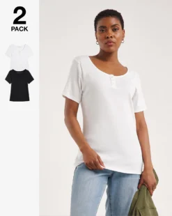 Black/White 2 Pack Button Trim Tops