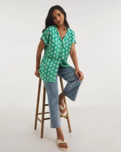 Green Print Button Front Top