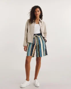 Stripe Linen Mix Knee Length Shorts